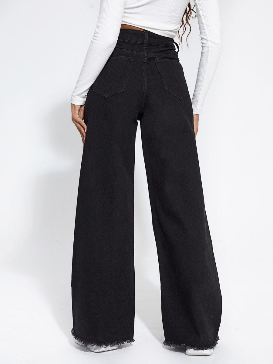 Spring Summer Pearl Pants Black Rough Edges Stitching Tassel Wide Leg Jeans - ALZO