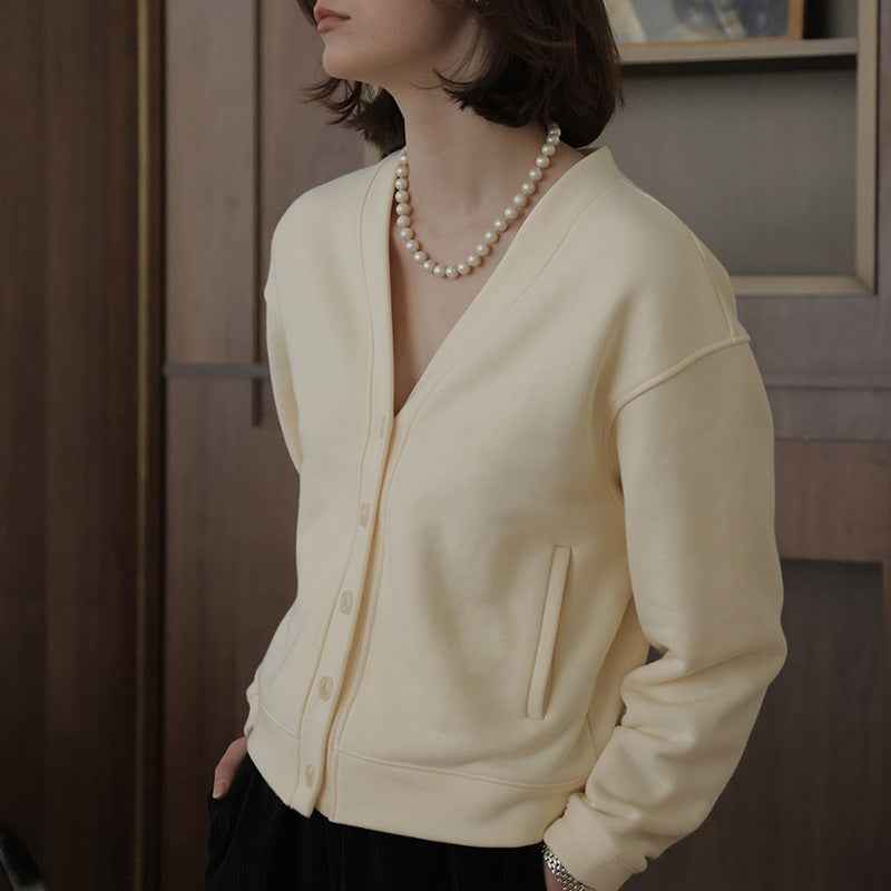 Autumn Winter Classic French V neck Sweatshirt Cardigan Retro Affordable Luxury Hong Kong Pure Cotton Comfortable Niche High End Top