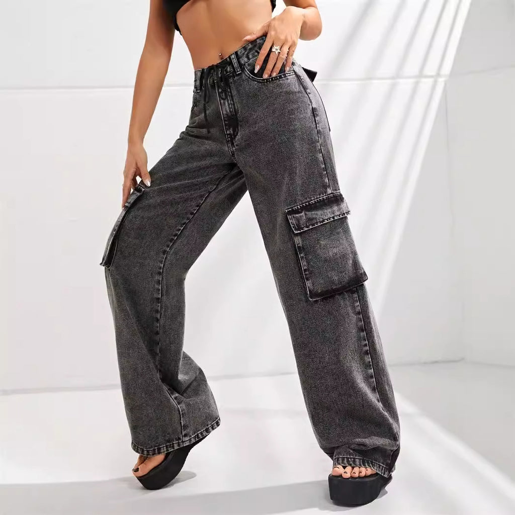 Women Clothing High Waist Large Pocket Slimming Loose Cargo Denim Trousers - ALZO