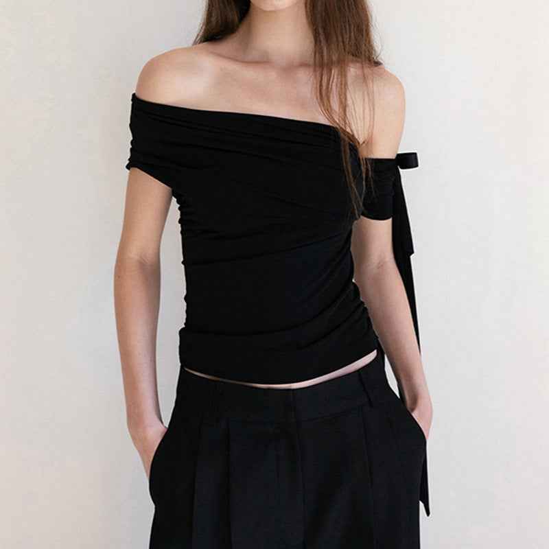 Sweet Diagonal Collar Bow Design Short Top Girl Pleated Waist Tight Slimming Casual Cold Shoulder Short Sleeve