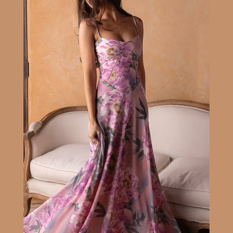 Spring Women Clothing French Sexy V neck Backless Slim Fit Floral Strap Dress - ALZO