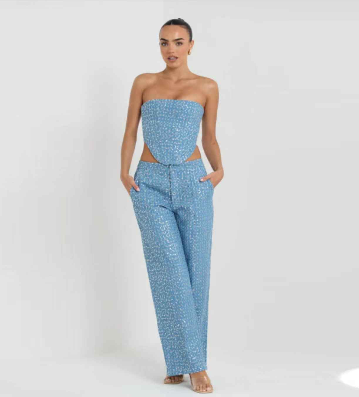Spring Summer Denim Sequ Tube Top Wide Leg Pants Suit
