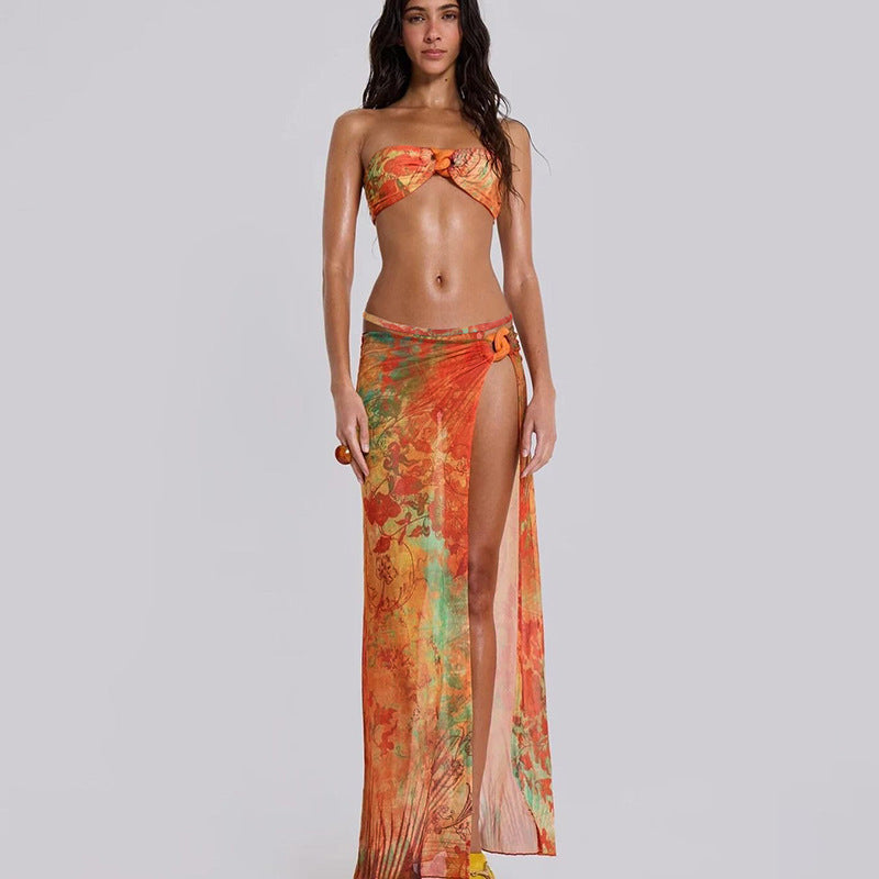 Spring Summer Women Sexy Tube Top Split Dress Bikini Three Piece Set - ALZO