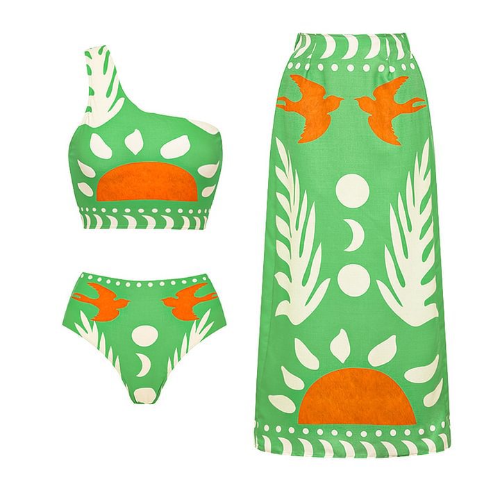 Shoulder Slimming Printed Swimsuit Women High Waist Bikini - ALZO
