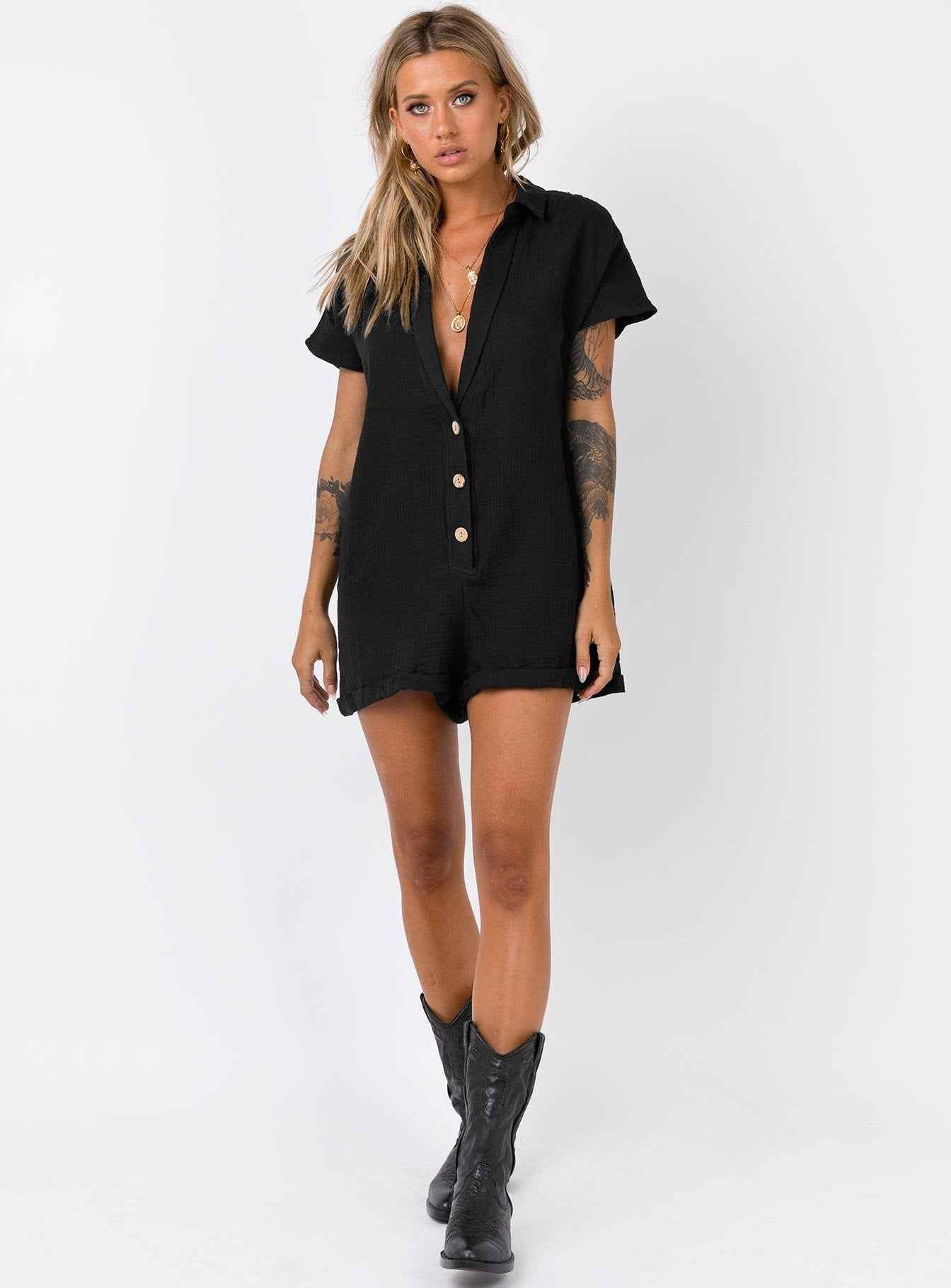 Cotton Linen Breathable Comfortable Loose Button Deep V-neck Sexy Casual Women Romper Romper