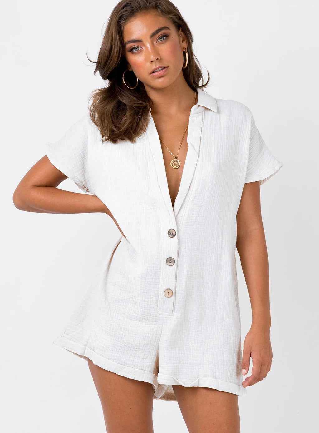 Cotton Linen Breathable Comfortable Loose Button Deep V-neck Sexy Casual Women Romper Romper