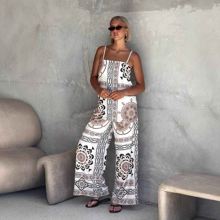 Summer Positioning Printing Loose Casual Sling Top Wide Leg Straight Pants Set