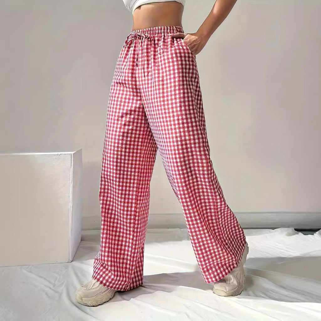 Women Spring Autumn Loose Fitting Pink Plaid Drawstring Casual Wide Leg Pants - ALZO