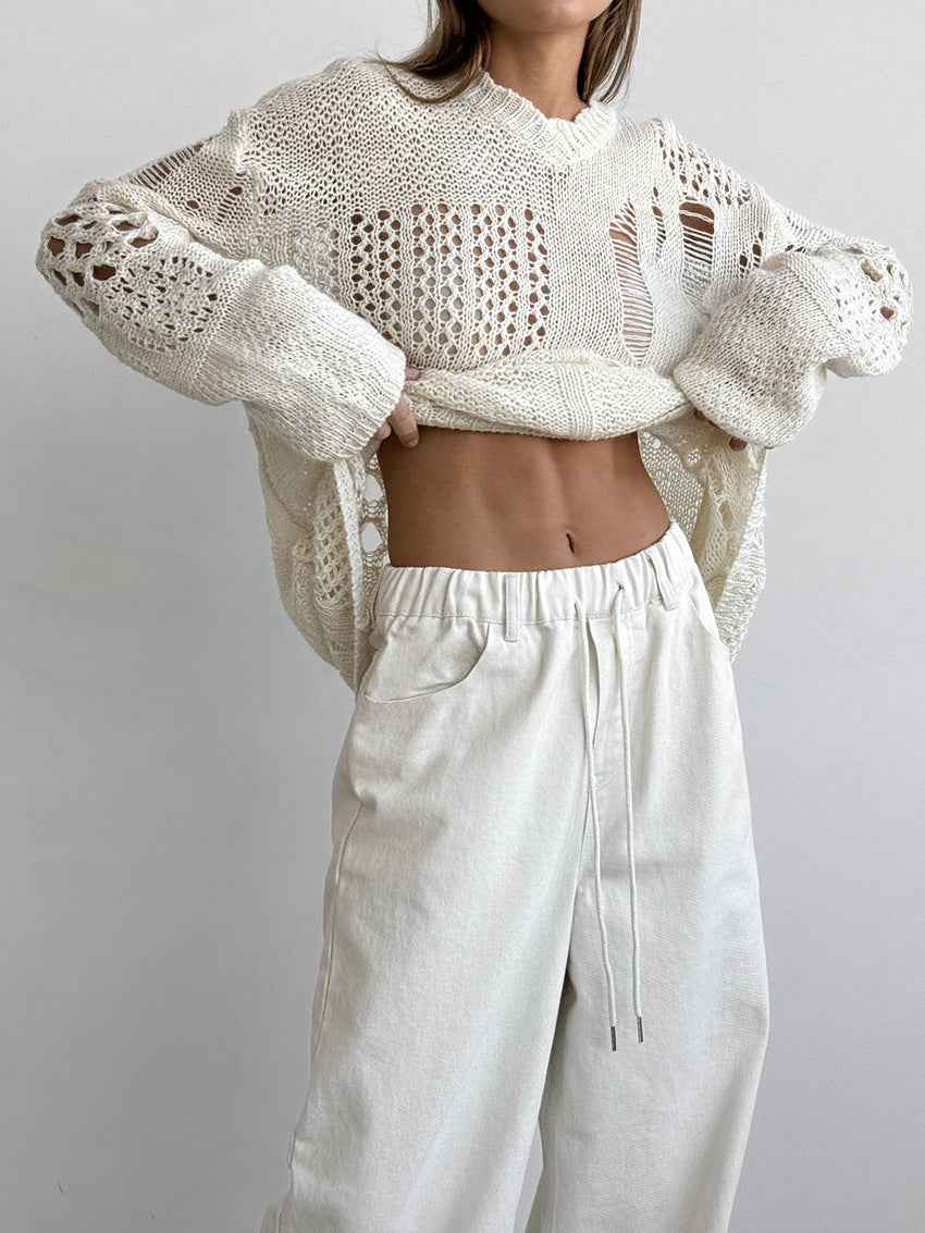 Casual Elegant White Loose Pure Cotton Tied Mid Waist Wide Leg Pants Autumn Winter Classic Trousers