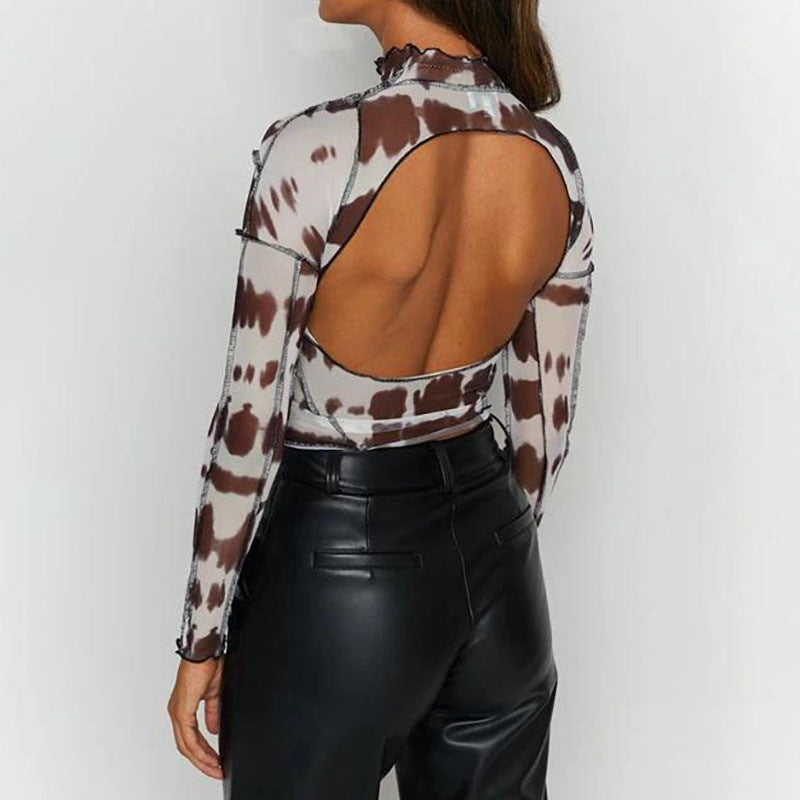 Fall Women Clothing round Neck Slim Fit Patchwork Printed Long Sleeve Sexy Backless Mesh Top - ALZO