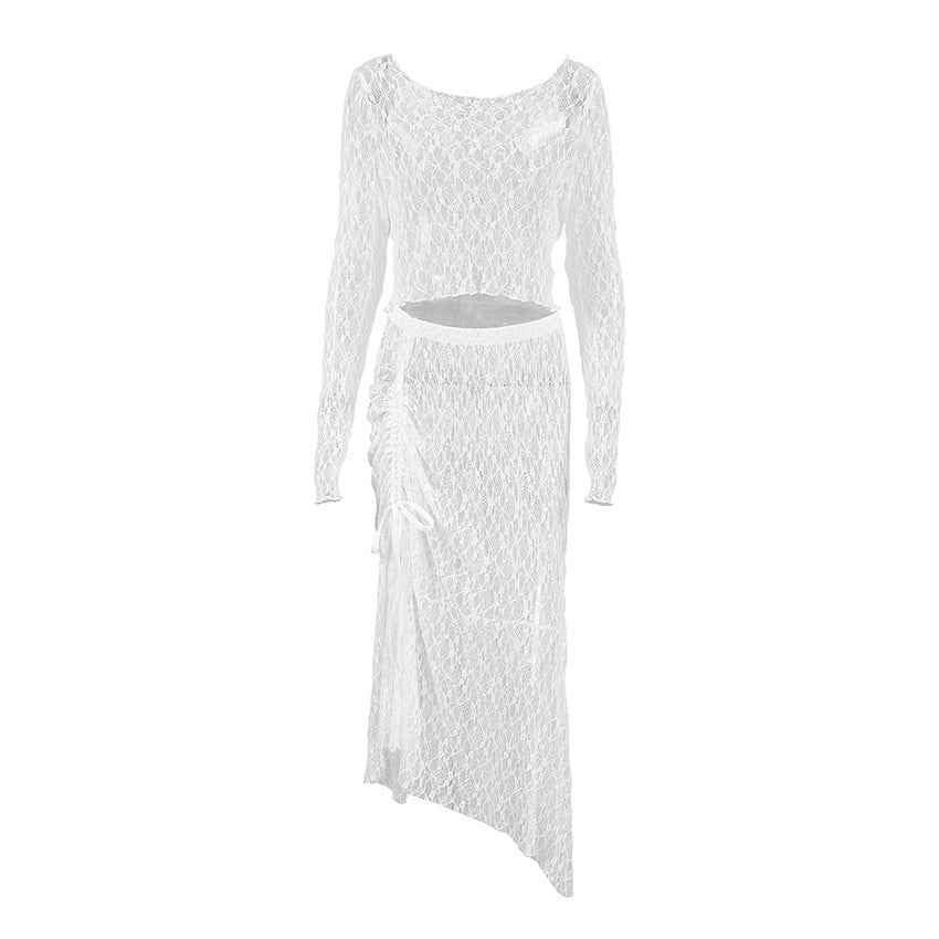 Spring Summer Sexy Elegant See through Brocade Lace Long Sleeve round Neck Short Top Low Waist Skirt Two Piece Set for Women