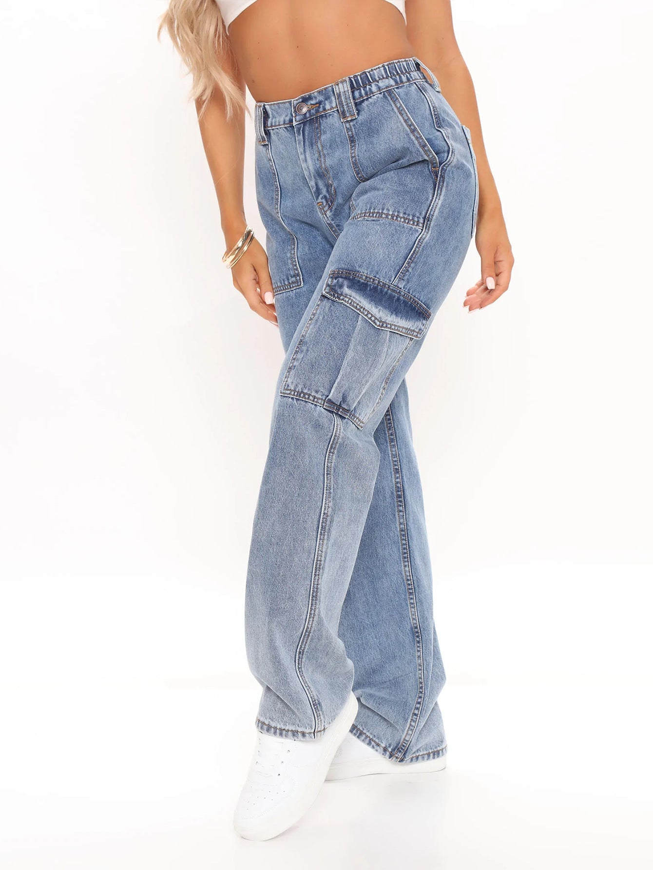 Autumn Winter High Waist Street Trend Loose Cargo Pants Multi Bag Jeans Women Trousers Jeans - ALZO
