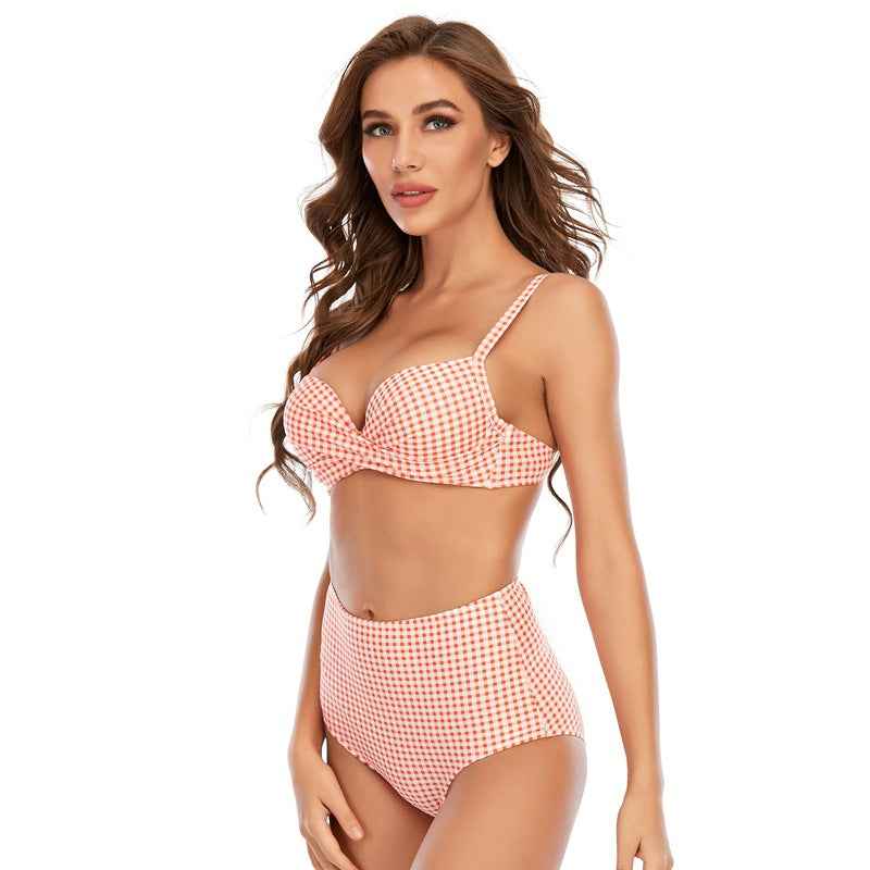 Women Bikini Multicolor Plaid Push Up Split Swimsuit Beach Vacation Swimsuit