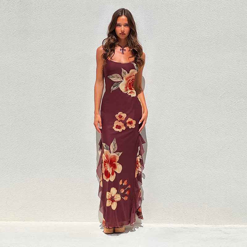 Sexy Long Women Floral Mesh Ribbon Slit Sheath Suspender Dress