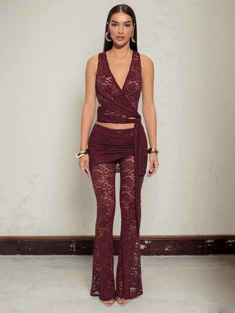 Women Clothing Slim Fit V neck Sling Vest Sheath Flared Pants Lace Two Piece Sets