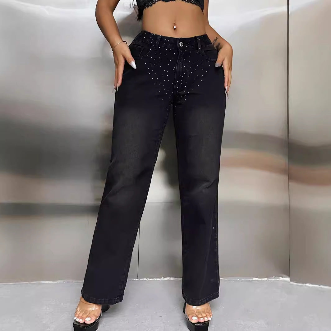 Women Clothing Drilling High Waist Denim Straight Leg Trousers - ALZO