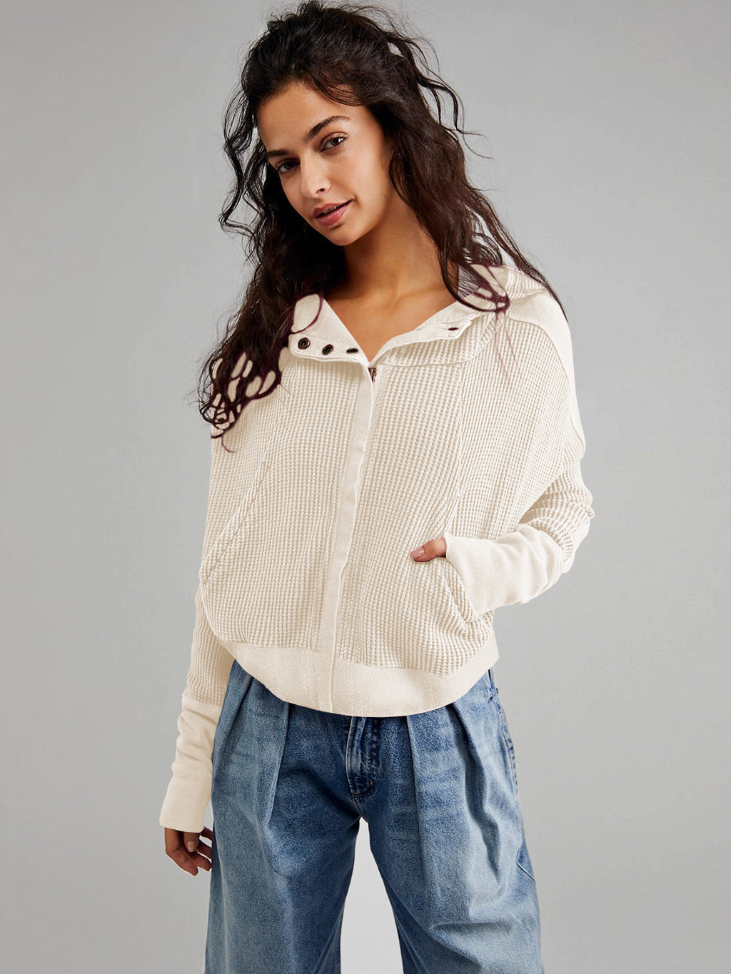 Fall Winter Patchwork Sweatshirt Women Clothing Hooded Long Sleeve Loose Lazy Zipper Hooded Sweatshirt - ALZO