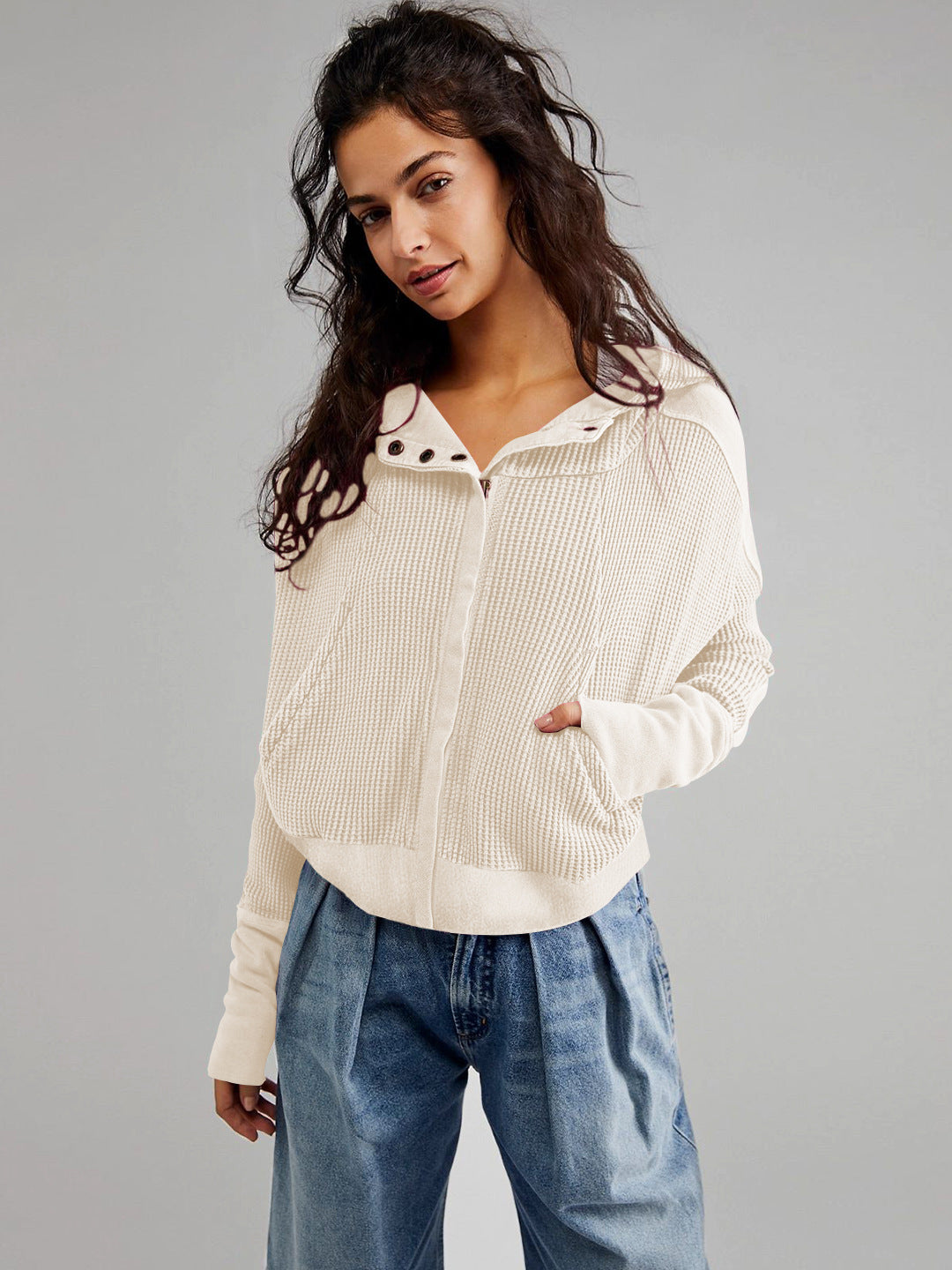 Fall Winter Patchwork Sweatshirt Women Clothing Hooded Long Sleeve Loose Lazy Zipper Hooded Sweatshirt - ALZO
