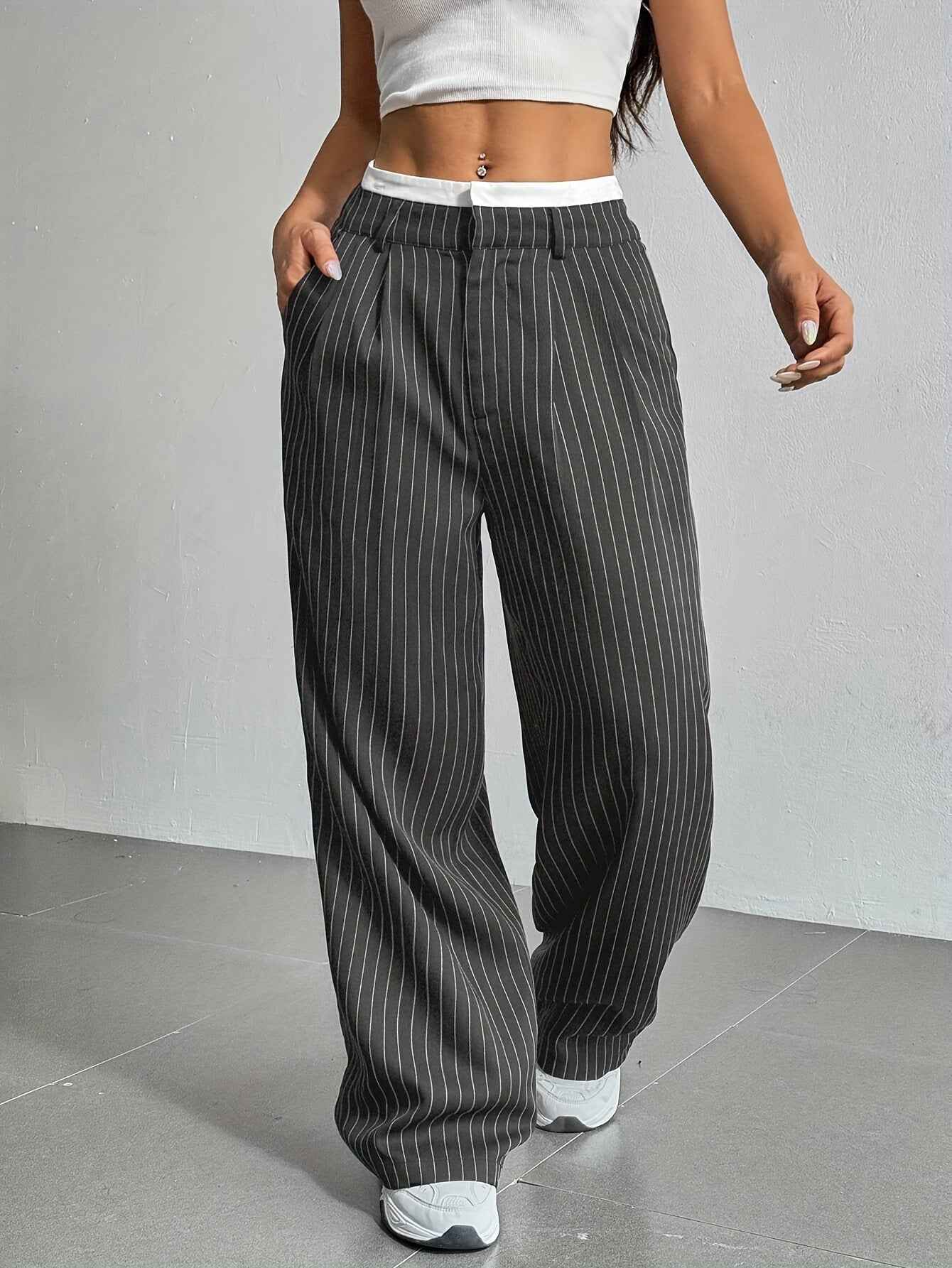 Autumn Winter Casual High Waist Stitching Work Pant Simple Loose Drooping Straight Leg Pants