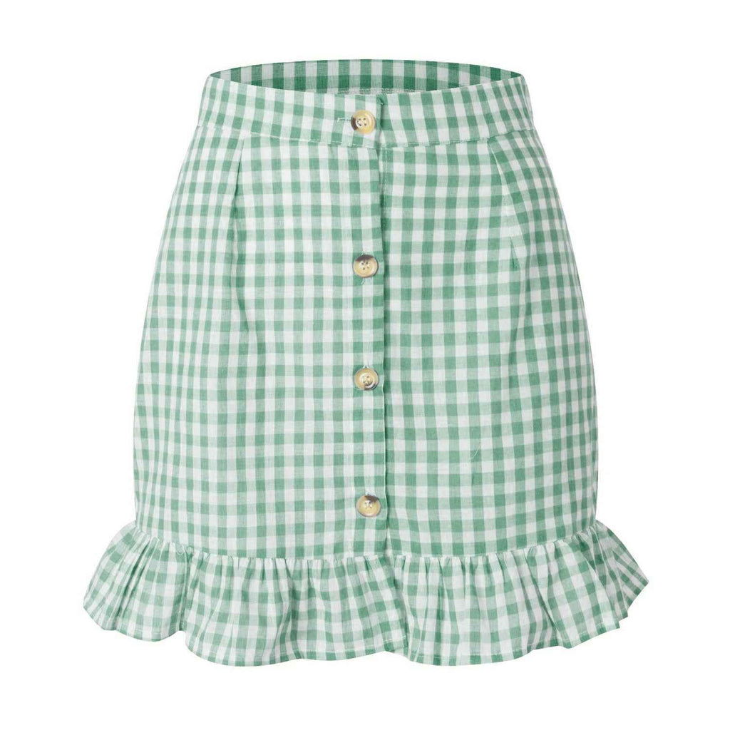 Summer Women Clothing Plaid Lotus Leaf Skirt High Waist Single Row Button Small Plaid Skirt for Women