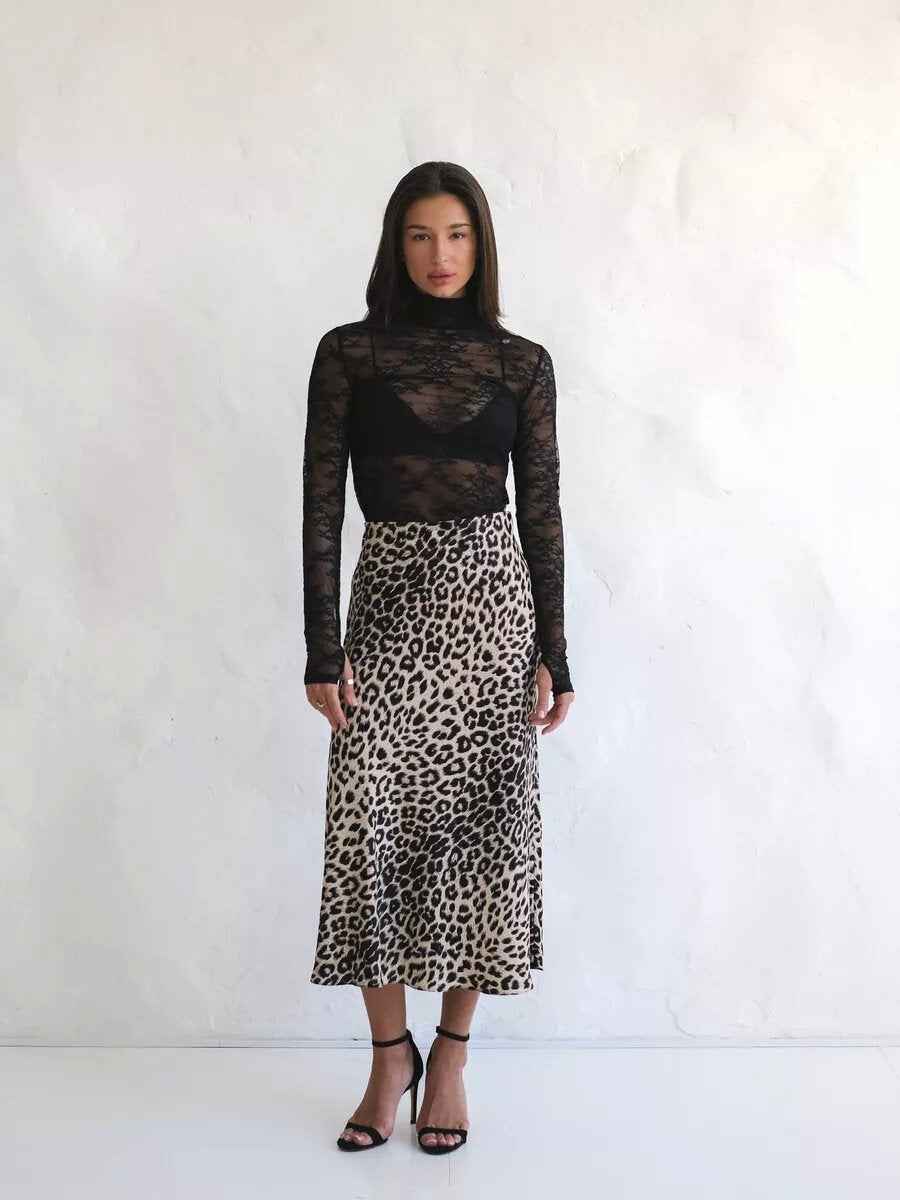 Satin Skirt Sexy Leopard Print Maxi Skirt High Waist Elastic Silky Maxi Skirt