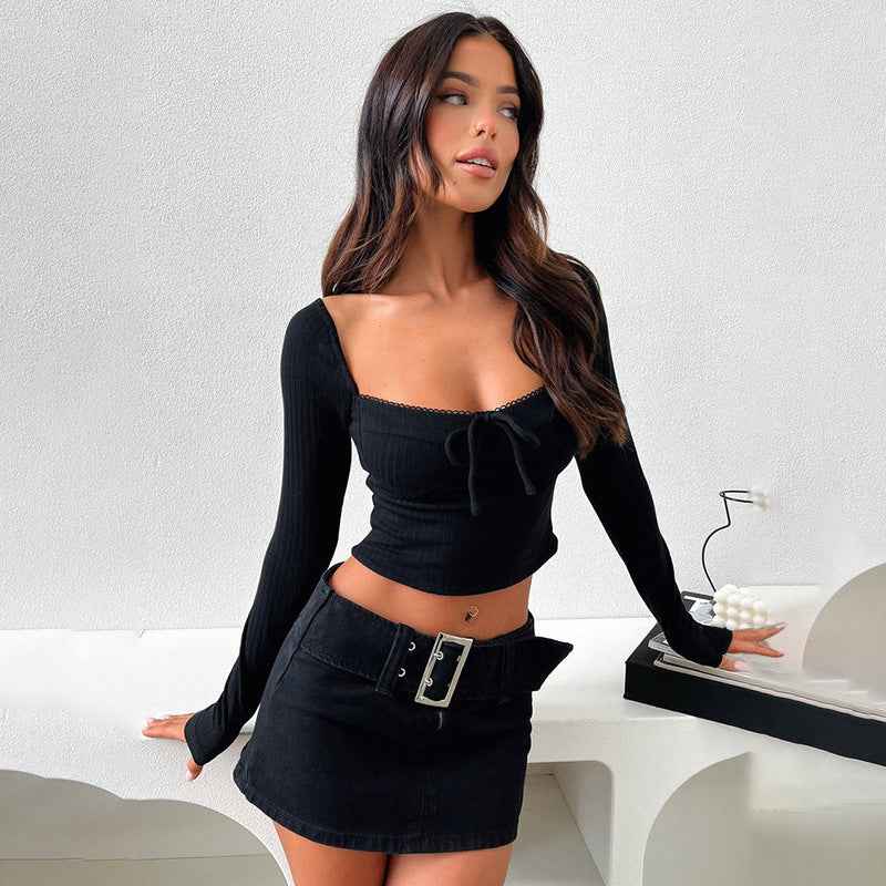 Autumn Casual All Match T Shirt Retro Square Collar Long Sleeve Top Women