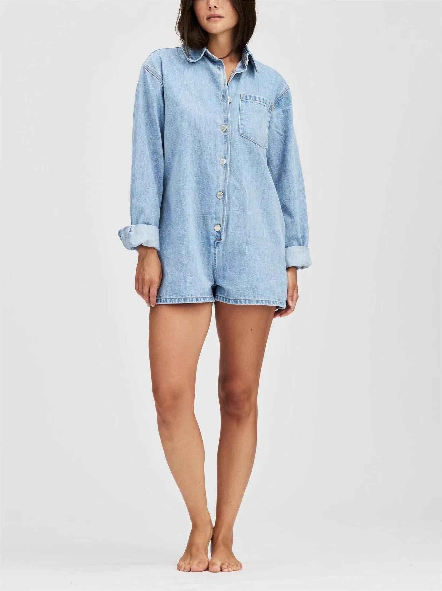 Fall Street Hipster Collared Long Sleeve Denim Jumpsuit