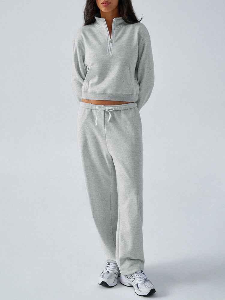 Autumn Winter Casual Sports Solid Color Half Zipper BM Long Sleeve Sweater Straigh Leg Pants Sets