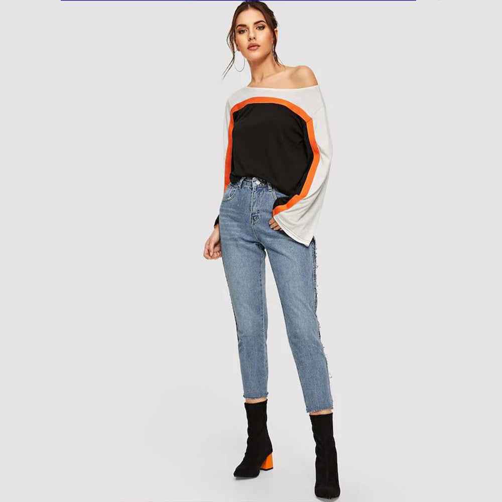 Spring Summer Women Clothing round Neck Pullover Solid Color Patchwork Flared Sleeves T shirt Top for Women