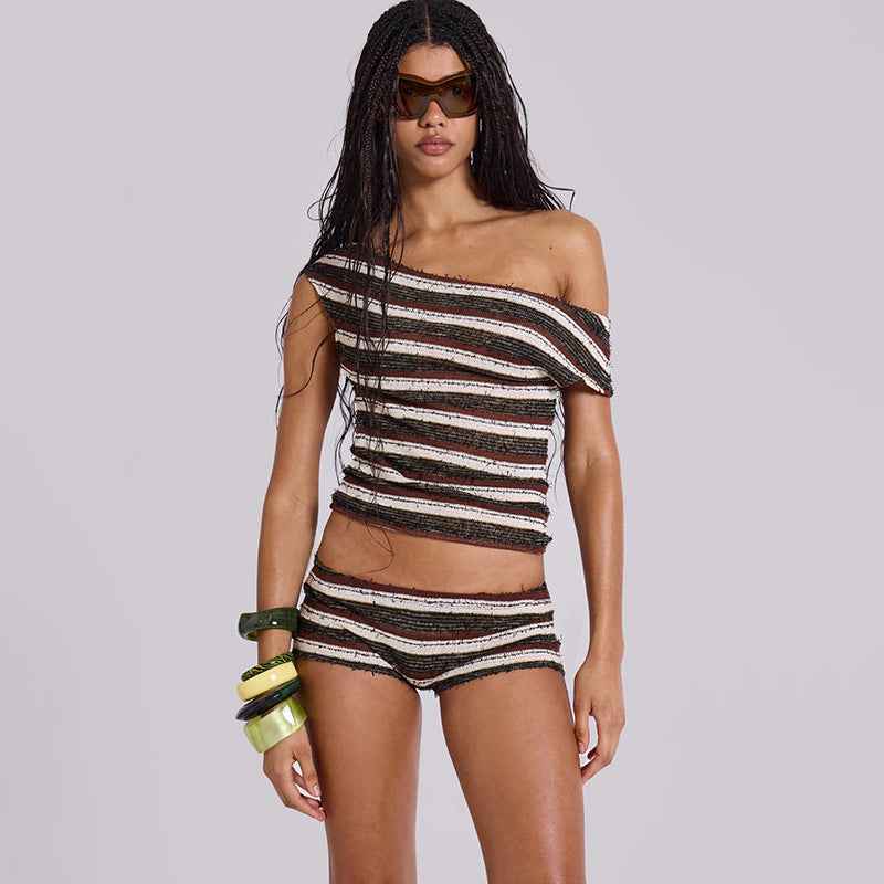 Summer Sexy Shoulder Striped Top Slim Fit Hip Raise Shorts Set Women