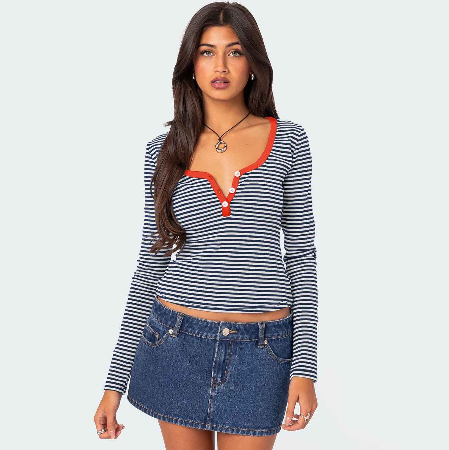 Contrast Color Striped Sweater Clothes Women Top Button Slim Fit Shoulder T shirt Pure Cotton
