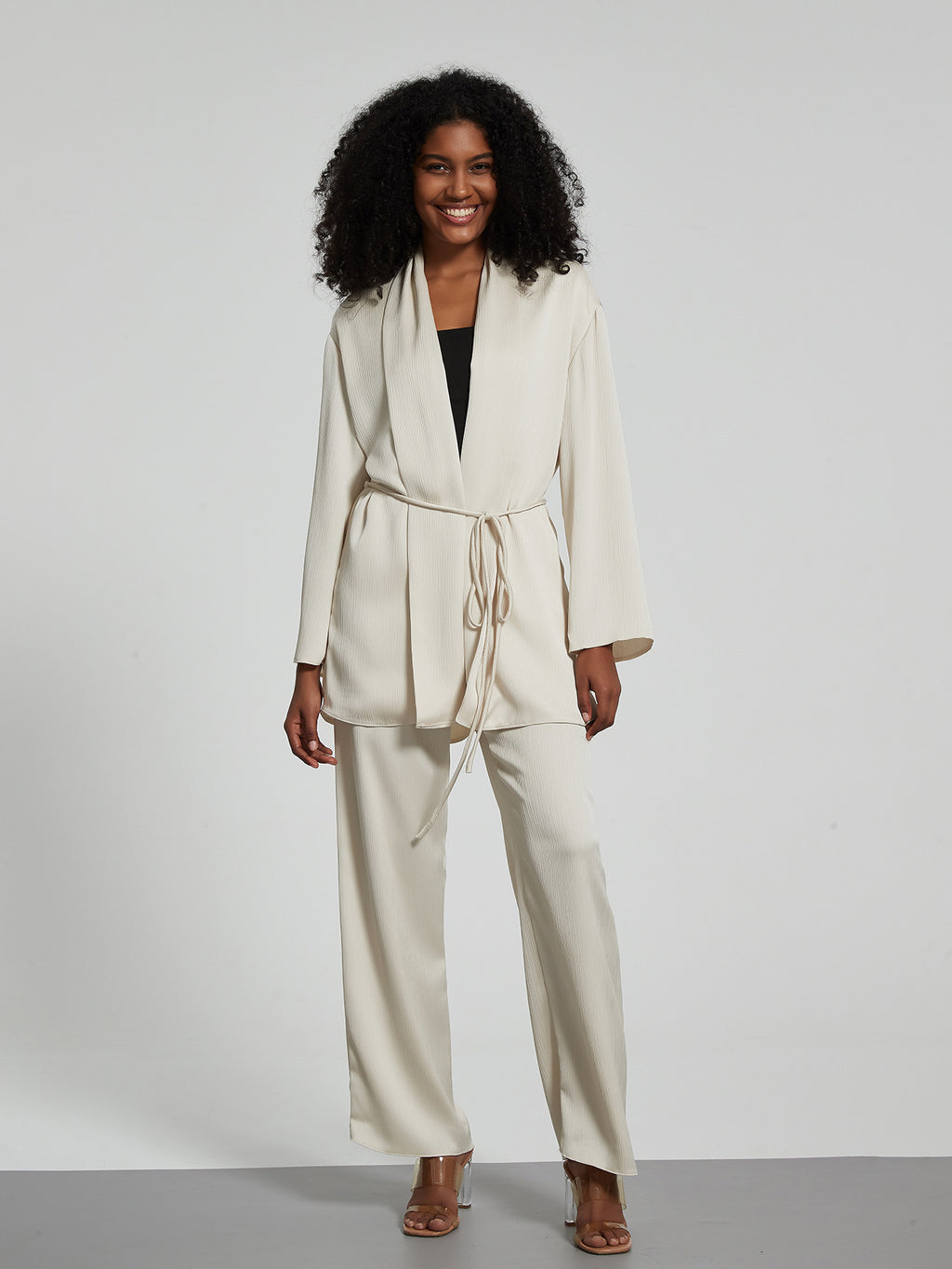 Women Clothing Two Piece Sets Collared Tied Tight Waist Pleated Coat Top Loose Trousers Autumn - ALZO