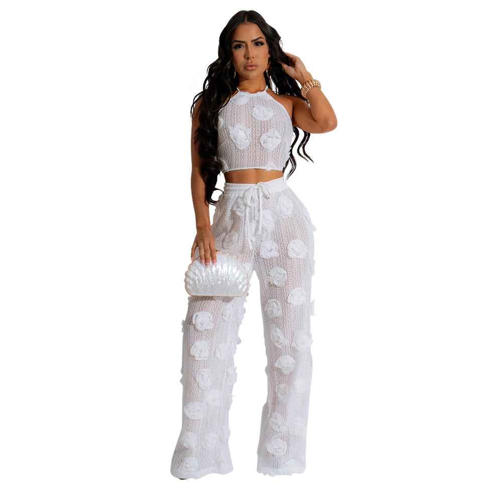 Knotted Short Top with Loose Slim Trousers Solid Color See through Two Piece Set for Women
