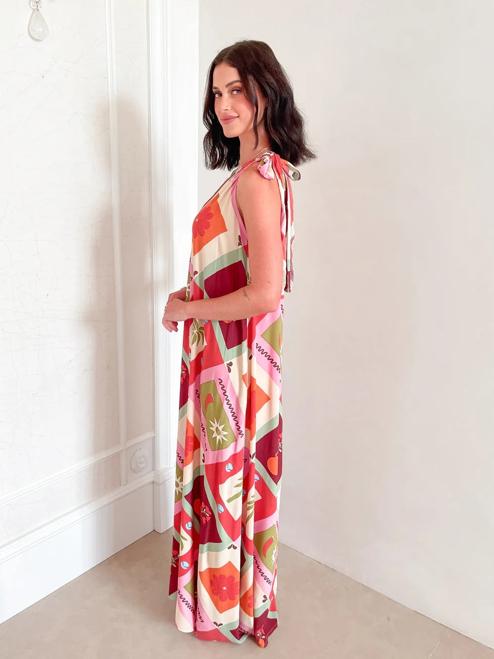 Printed Oblique Shoulder Lace up Elegant French Maxi Dress Ladies Dress - ALZO