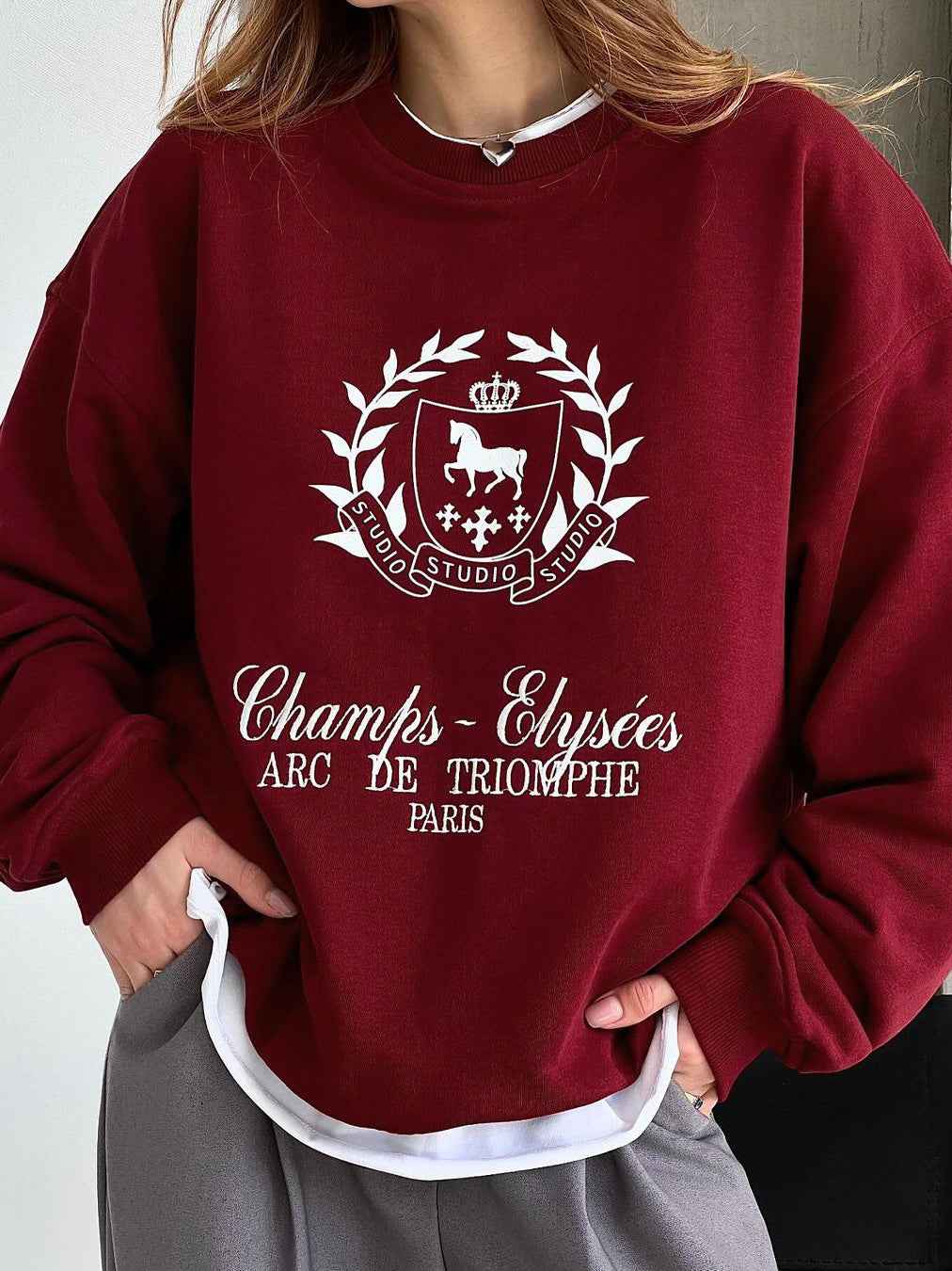 Spring Ankela Red round Neck Women Printed Pullover Sweatshirt Loose Top