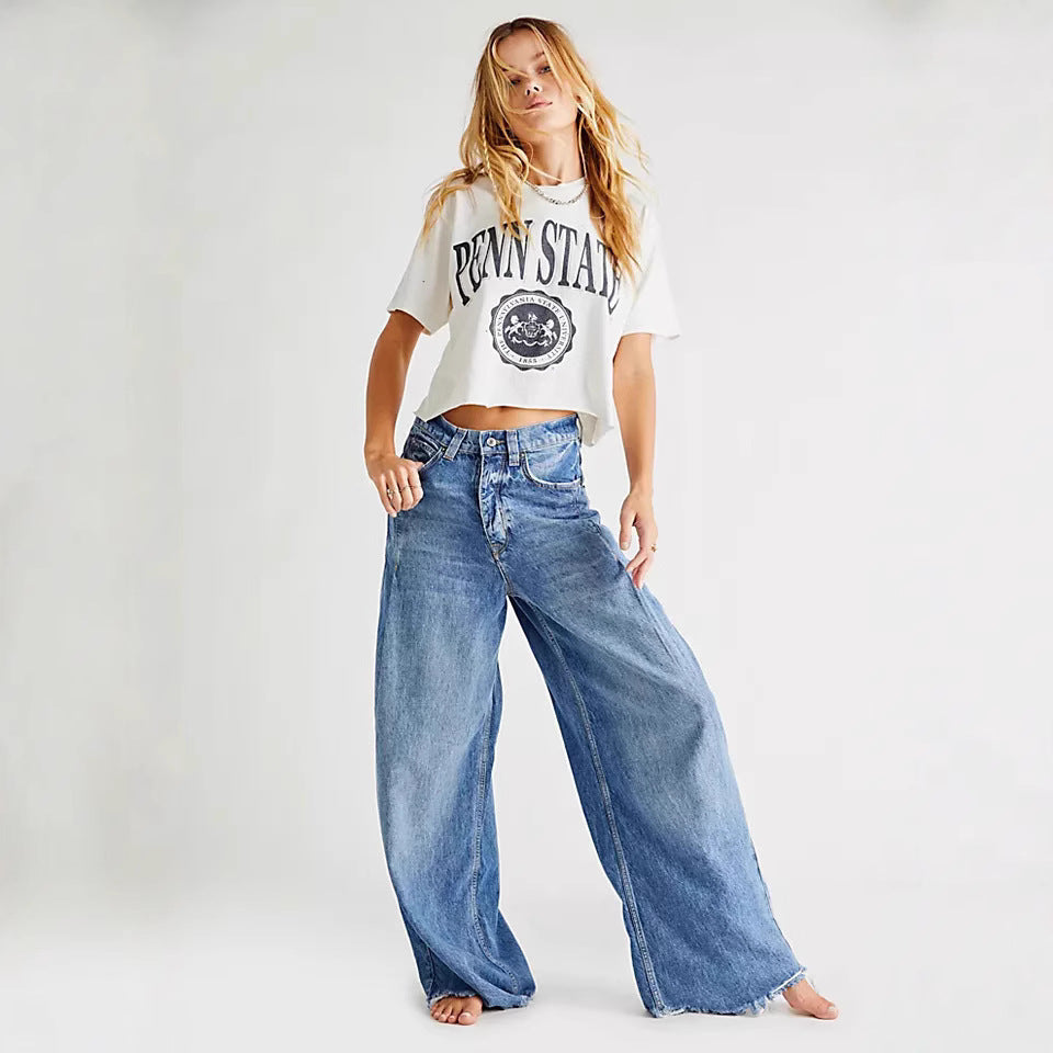 Retro Washed High Waist Drooping Straight Wide Leg Denim Trousers - ALZO