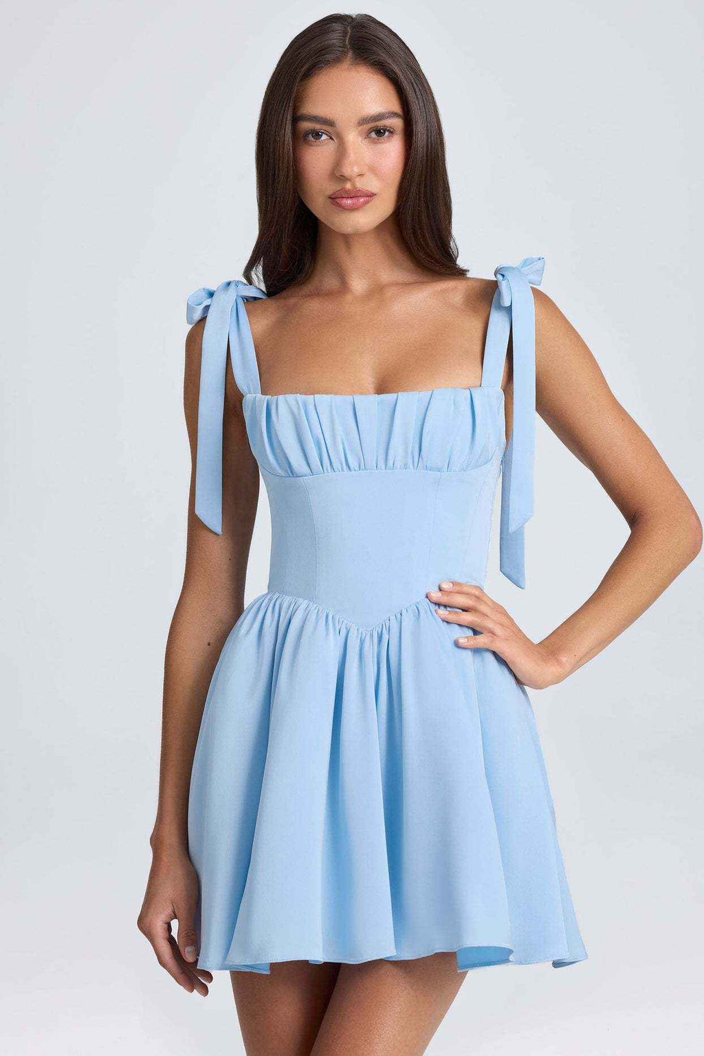 Summer Women Clothing Square Collar High Waist Ruched Stitching Strap Suspenders Puff Dress