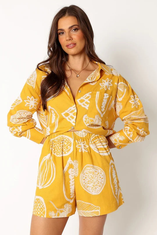 Early Autumn Casual Advanced Fruit Printed Shorts Cardigan Suit - ALZO