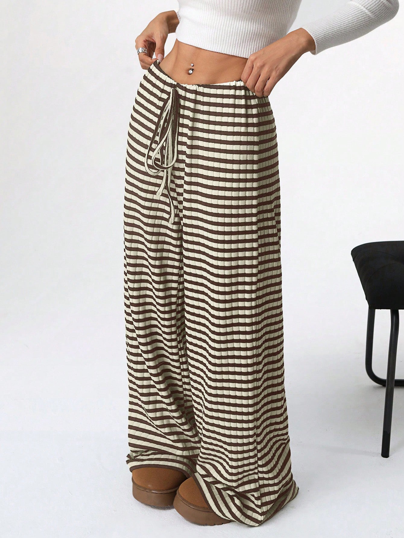 Autumn Winter Women Casual Striped Solid Color Rubber Band Drawstring Straight Leg Pants - ALZO
