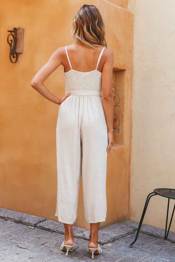 Summer New Deep V Plunge Plunge Sexy Backless Waist Trimming Sling Solid Color Jumpsuit Women