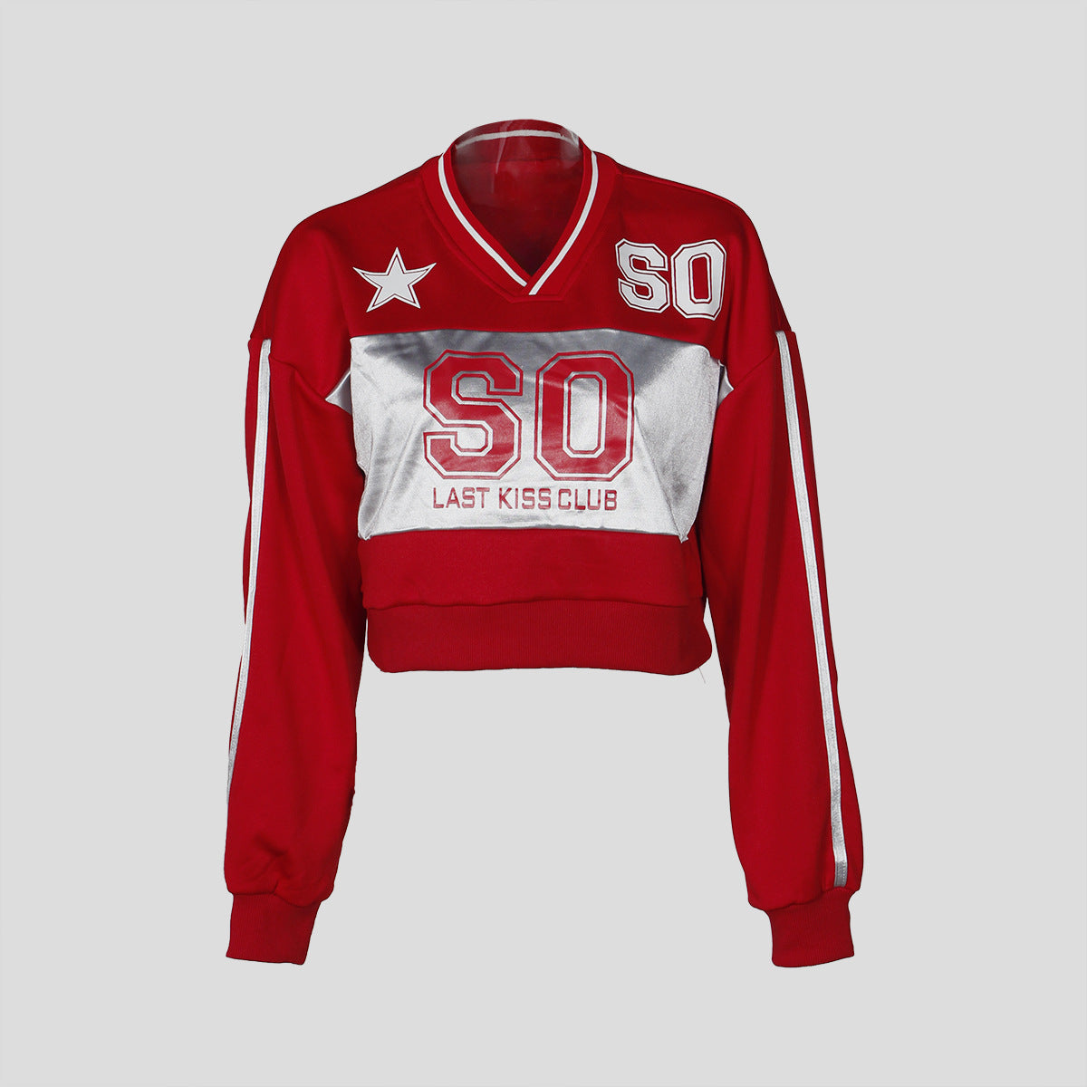 Autumn Letter Graphic Printing Sports Jersey Loose V Collar Contrast Color Long Sleeve Top Women - ALZO