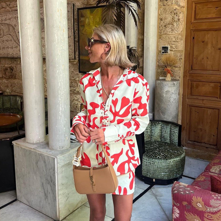 Summer Printed Short Skirt Collared Loose Women Shirt Casual Suit - ALZO
