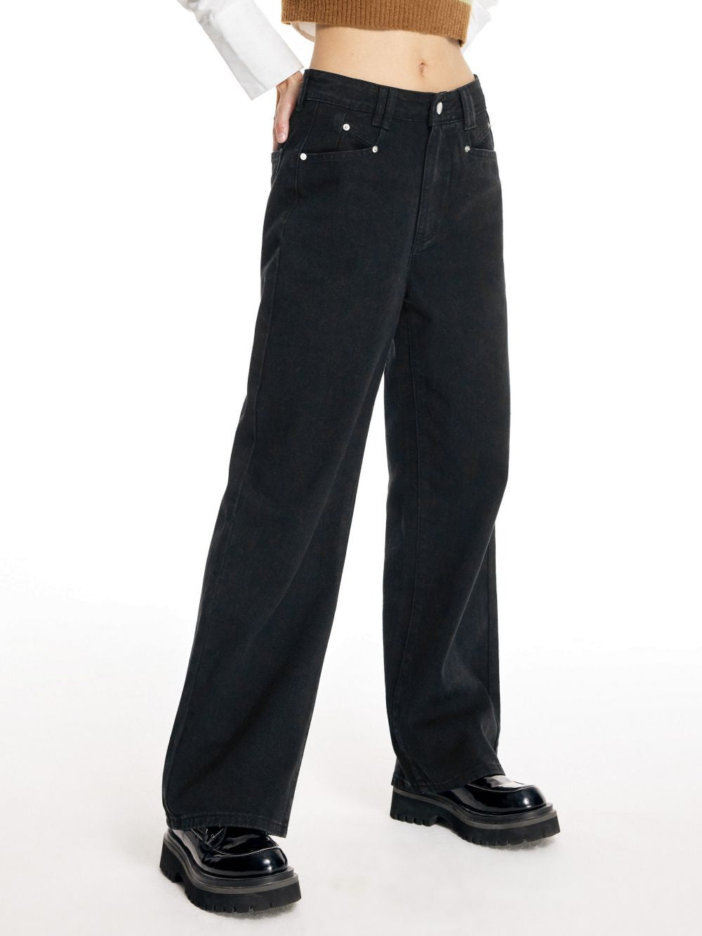Black Leg Jeans Loose Straight High Waist Women Casual Pants Jeans - ALZO