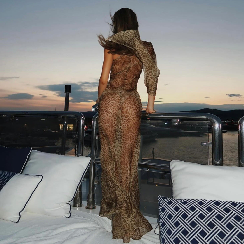Summer Leopard Print Dress Sexy See through Shoulder Single Sleeve Slim Fit Sexy Dress - ALZO