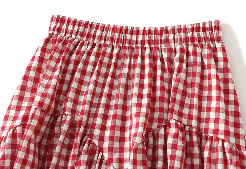 Retro Plaid High Waist Big Swing A line Skirt Women Slimming Casual Long Skirt - ALZO