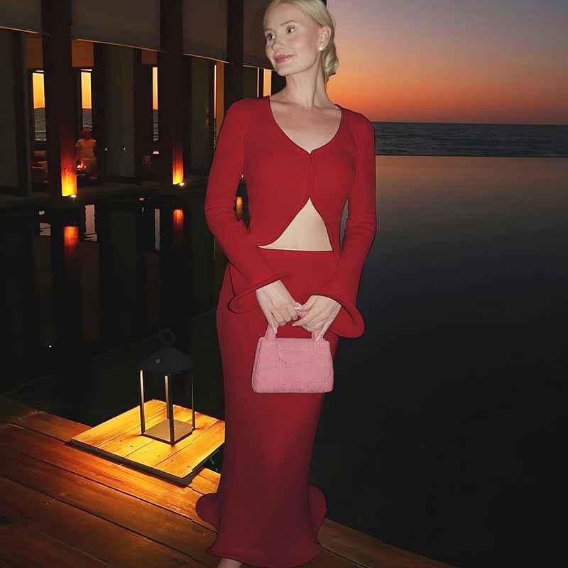 Sexy Long Sleeve Cardigan Top Slim Fit Bud Edge Private Clothing Skirt Sets Women