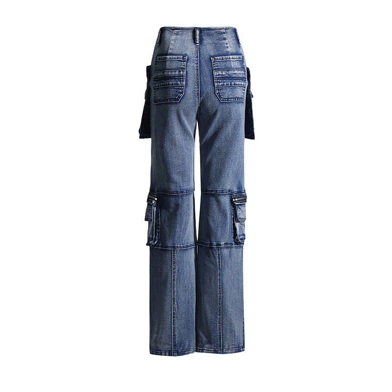 Casual Women Jeans Autumn Stitching Large Pocket Straight Slimming Denim Trousers - ALZO