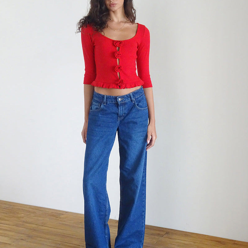 Elegant Sexy Sweater Sexy Three Quarter Sleeve Rose 3D Floral Wooden Ear Short Cropped Top - ALZO
