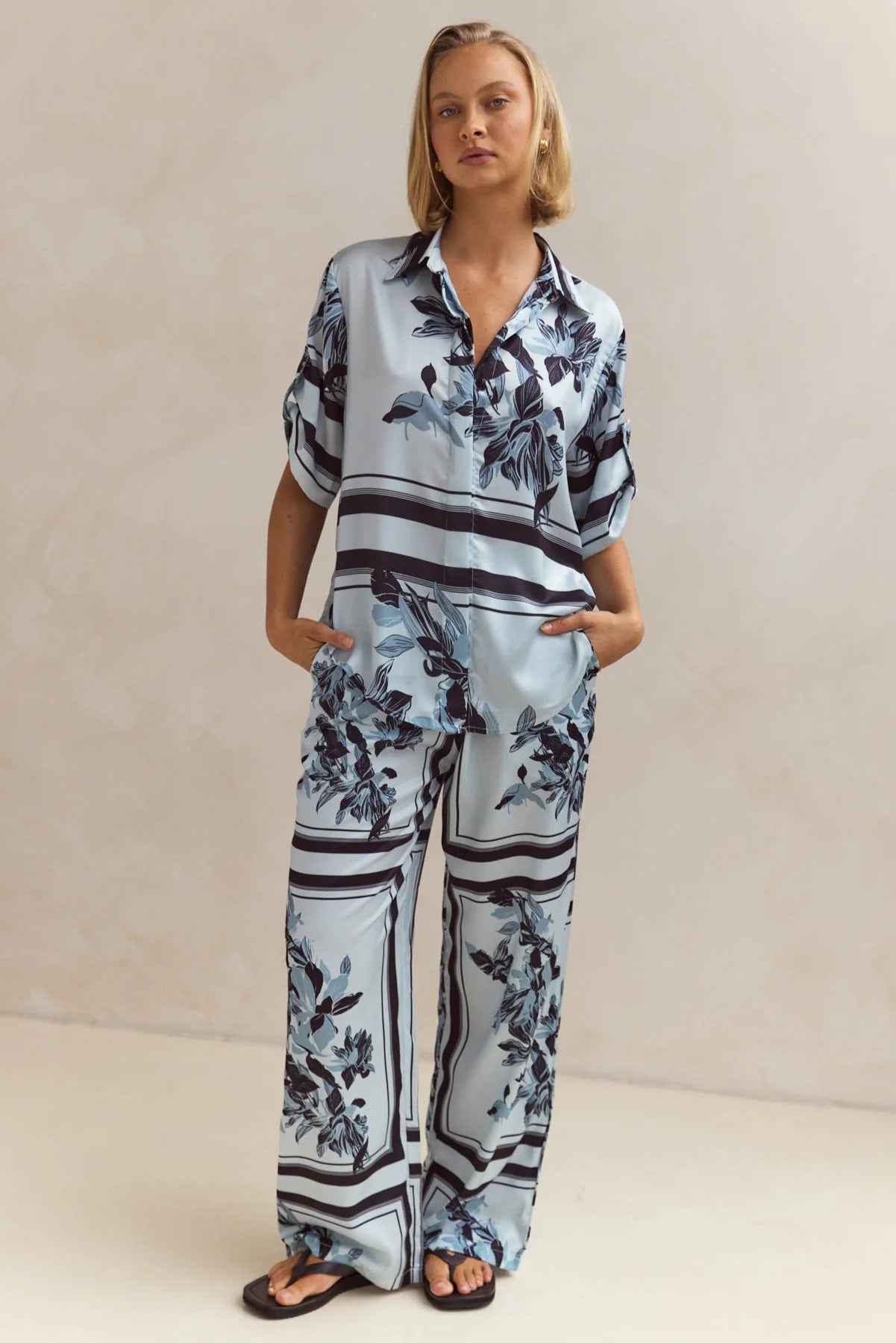 Summer Homewear Casual Printing Cardigan Shirt Trousers Set