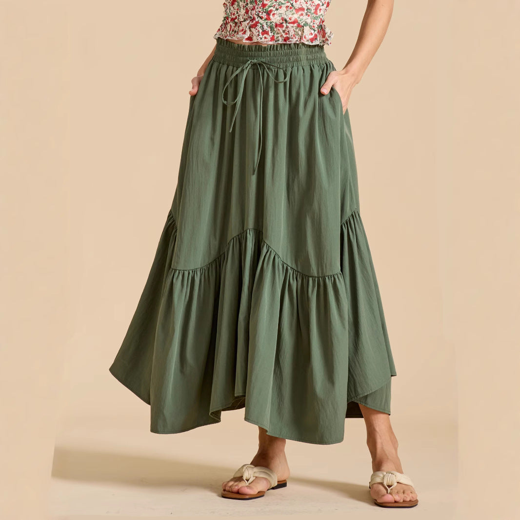 Women Wave Lace up Adjustable Skirt High Waist Elastic Large Swing Skirt Retro Long Skirt - ALZO